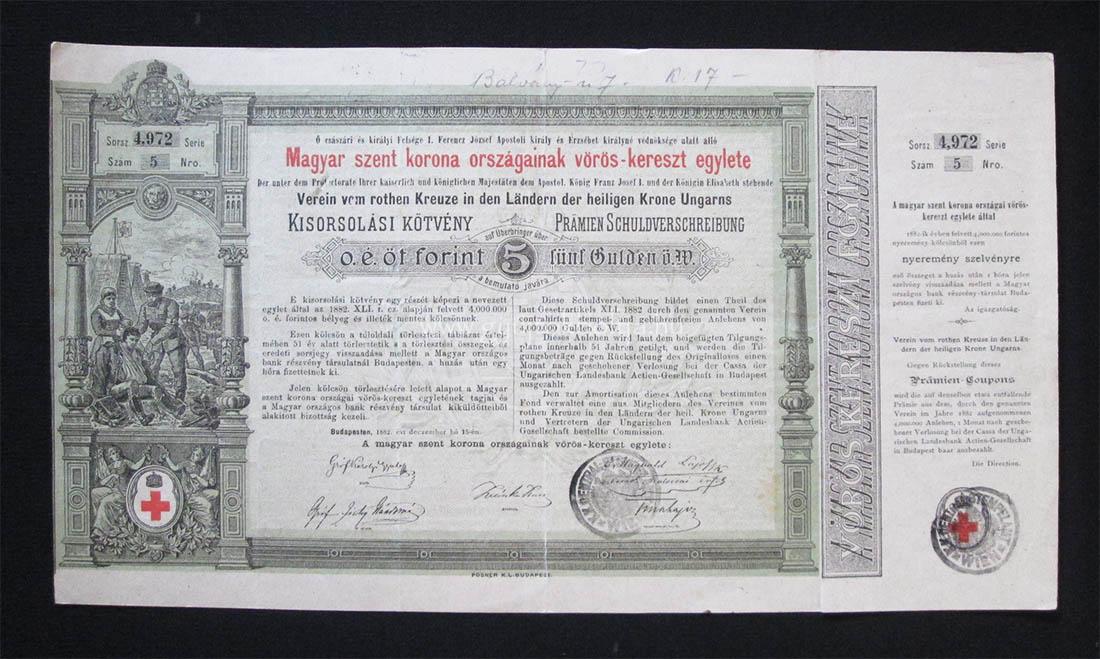 Magyar Vrskereszt Egylet ktvny 5 forint 1882